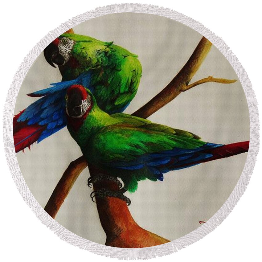 Paintings Round Beach Towel featuring the painting Military Macaws by Dana Newman