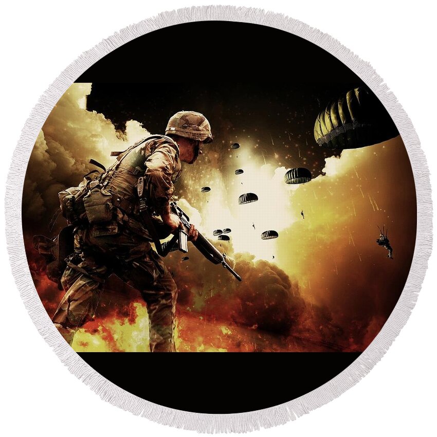 Military Round Beach Towel featuring the digital art Military Our Heroes by Movie Poster Prints