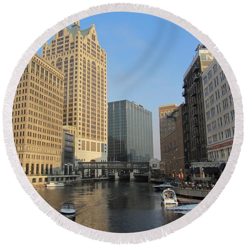Milwaukee Round Beach Towel featuring the photograph Milwaukee River Theater District 2 by Anita Burgermeister