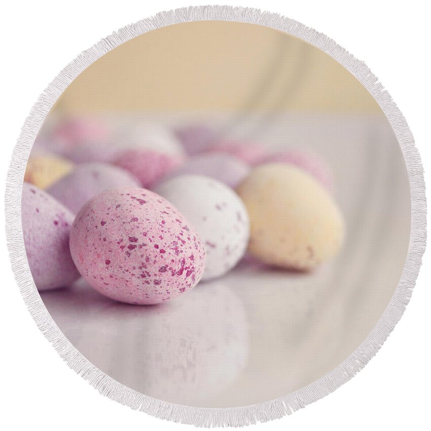 Eggs Round Beach Towel featuring the photograph Mini easter eggs by Lyn Randle