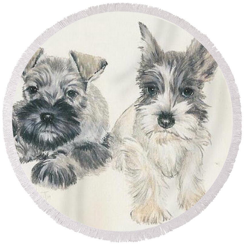 Dog Round Beach Towel featuring the mixed media Miniature Schnauzer Puppies by Barbara Keith