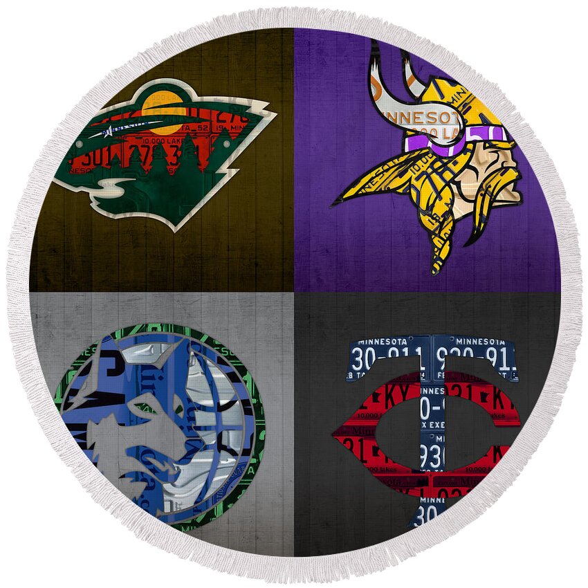 Minneapolis Round Beach Towel featuring the mixed media Minneapolis Sports Fan Recycled Vintage Minnesota License Plate Art Wild Vikings Timberwolves Twins by Design Turnpike