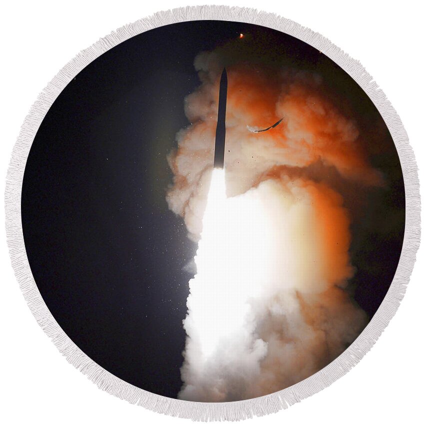Missile Round Beach Towel featuring the photograph Minuteman IIi Missile Test by Science Source