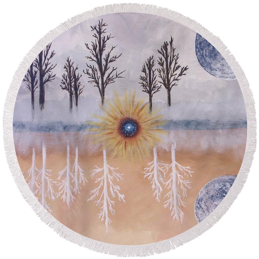 Moons Round Beach Towel featuring the painting Mirrored Worlds by Cynthia Morgan