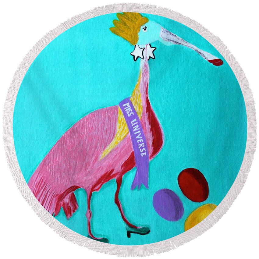 Caricature Round Beach Towel featuring the painting Miss Universe by Lorna Maza