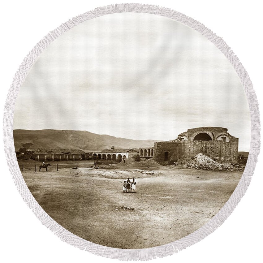 Mission Round Beach Towel featuring the photograph Mission San Juan Capistrano California Circa 1882 by C. E. Watkins by Monterey County Historical Society
