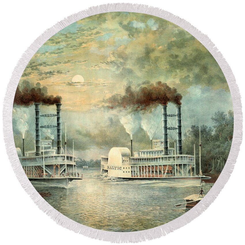 Mississippi Steamboat Race 1859 Round Beach Towel featuring the photograph Mississippi Steamboat Race 1859 by Padre Art
