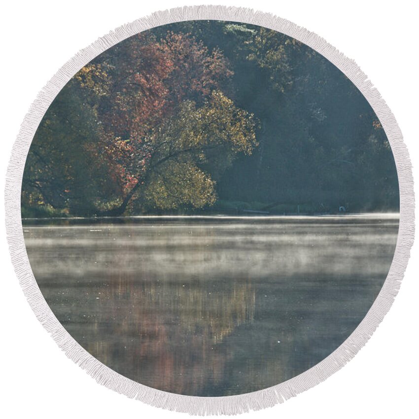  Round Beach Towel featuring the photograph Mist on the Water by Cheryl Baxter