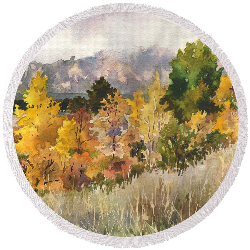 Cloud Painting Round Beach Towel featuring the painting Misty Fall Day by Anne Gifford
