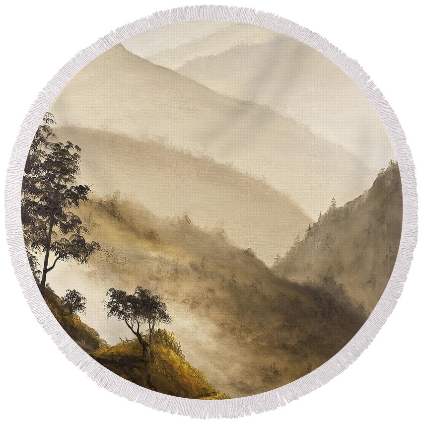 Landscape Round Beach Towel featuring the painting Misty Hills by Darice Machel McGuire