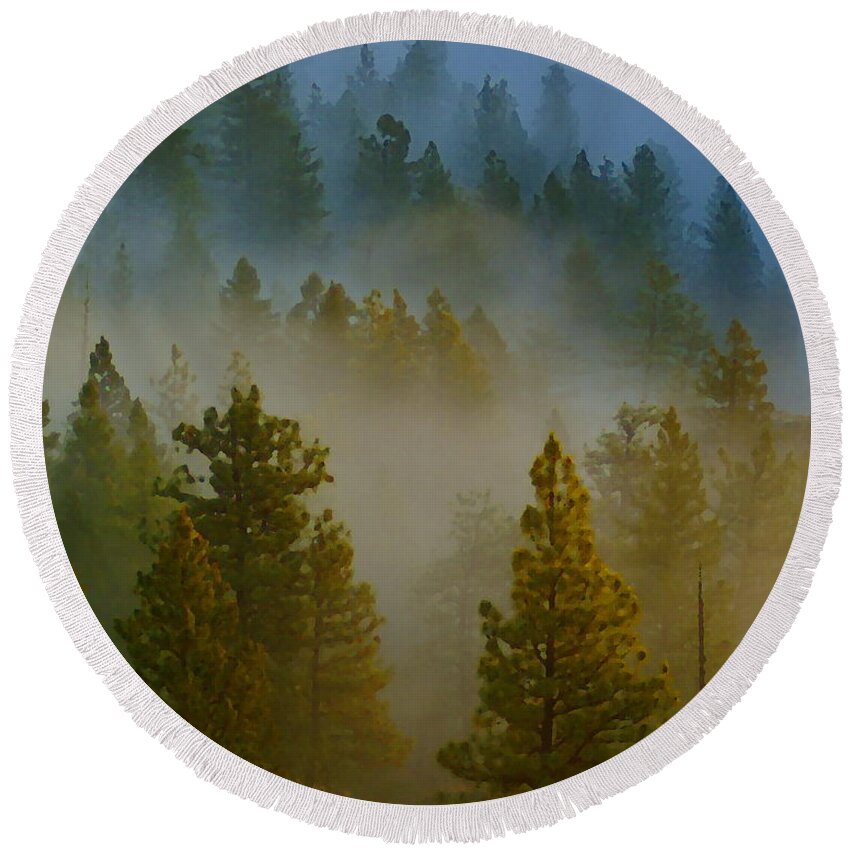 Photo Art Round Beach Towel featuring the photograph Misty Morning in the Pines by Ben Upham III