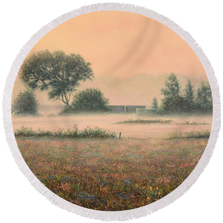 Misty Round Beach Towel featuring the painting Misty Morning by James W Johnson
