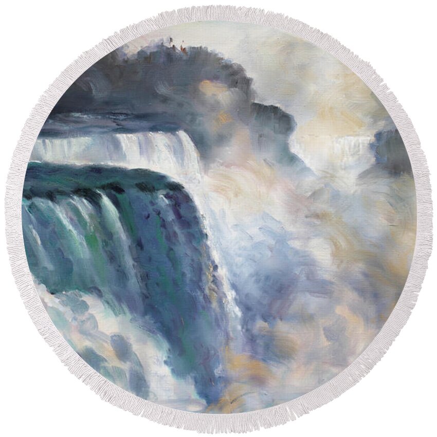 Niagara Falls Round Beach Towel featuring the painting Misty Niagara Falls by Ylli Haruni