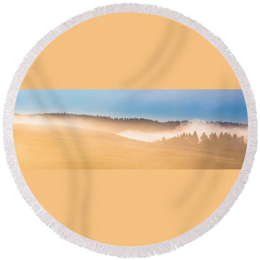  Round Beach Towel featuring the photograph Misty Yellowstone  by Lars Lentz