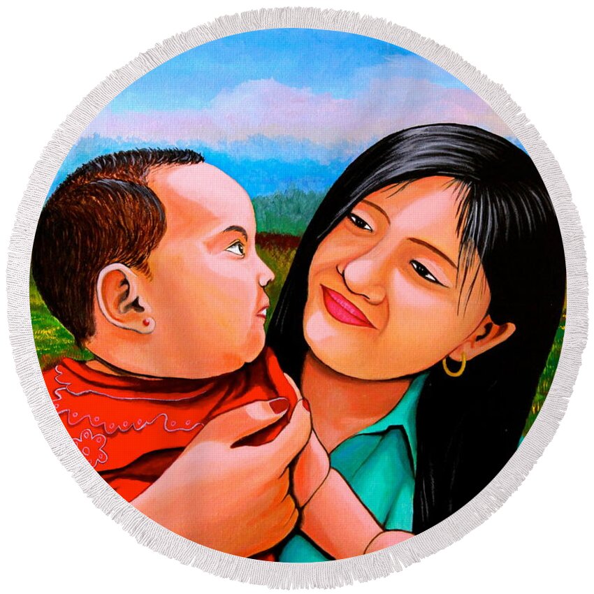 Baby Round Beach Towel featuring the painting Mom and Babe by Cyril Maza