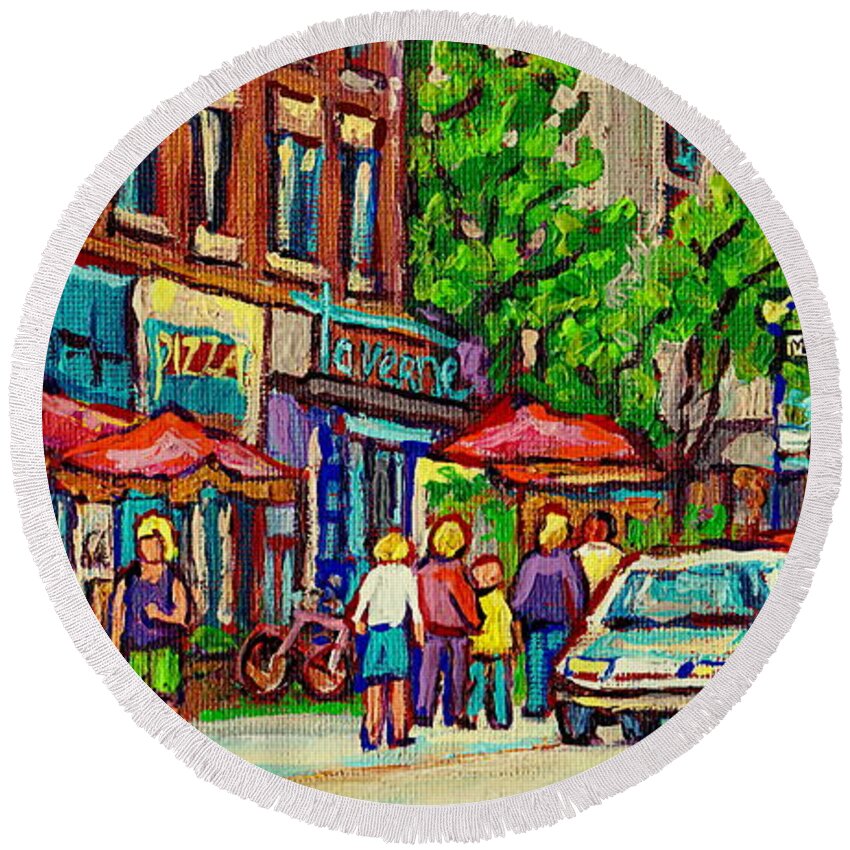 Montreal Round Beach Towel featuring the painting Monkland Tavern Corner Old Orchard Montreal Street Scene Painting by Carole Spandau