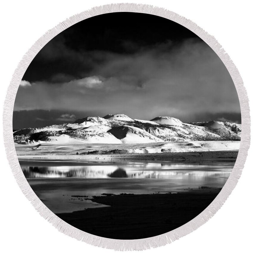 Black Round Beach Towel featuring the photograph Mono Craters by Cat Connor