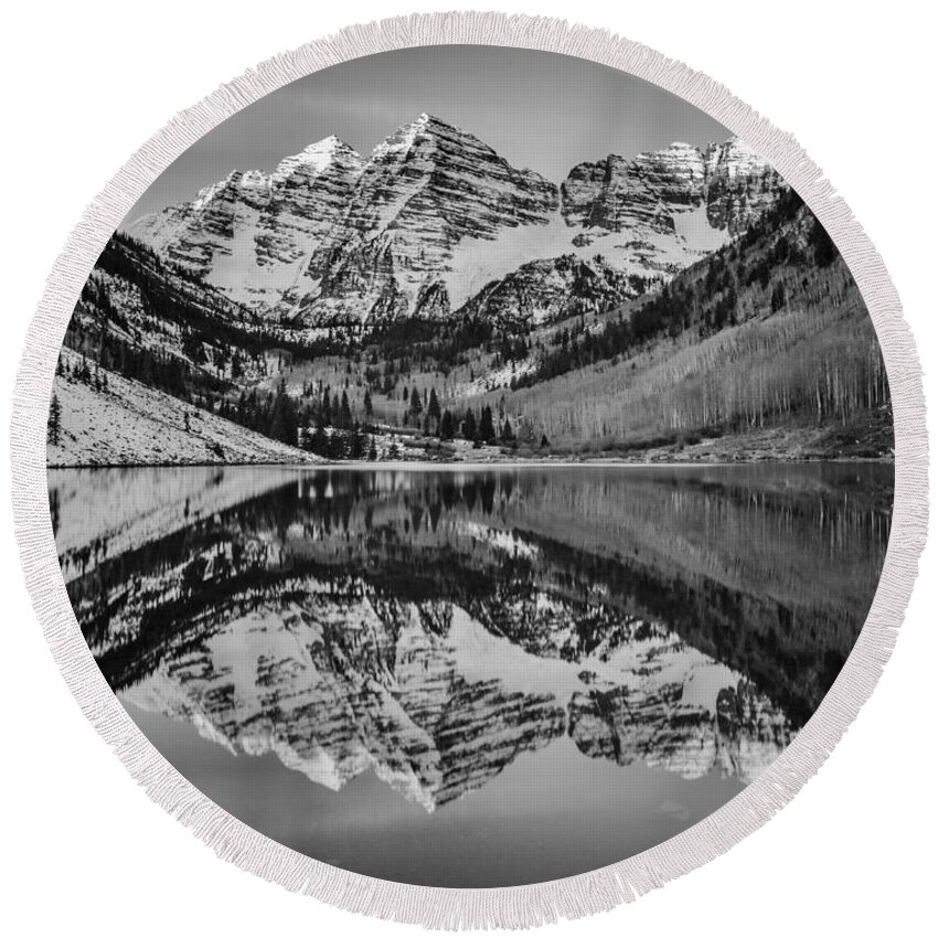 Maroon Bells Round Beach Towel featuring the photograph Monochrome Maroon by Darren White