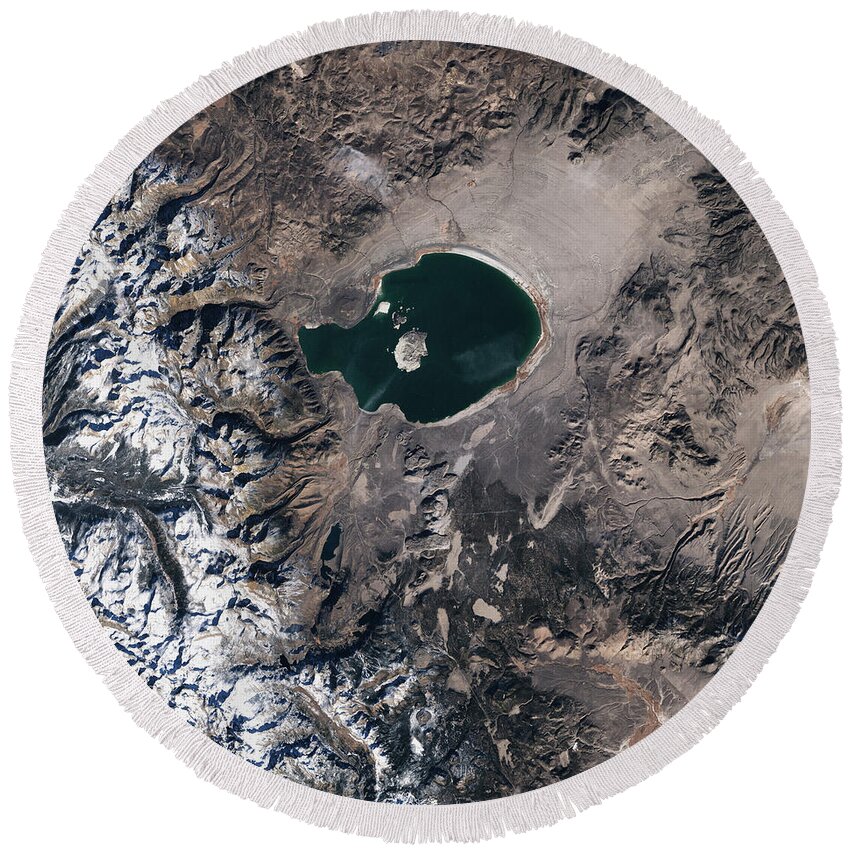 Abstract Round Beach Towel featuring the photograph Monolake Aerial View by World Art Prints And Designs