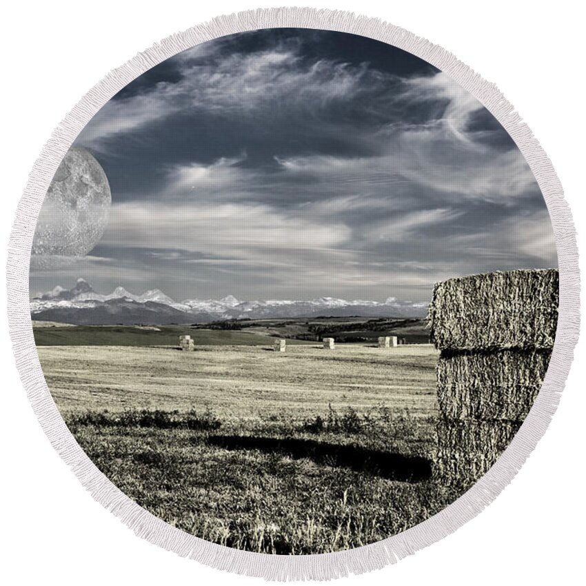 Field Round Beach Towel featuring the digital art Montana Moonrise by Bruce Rolff