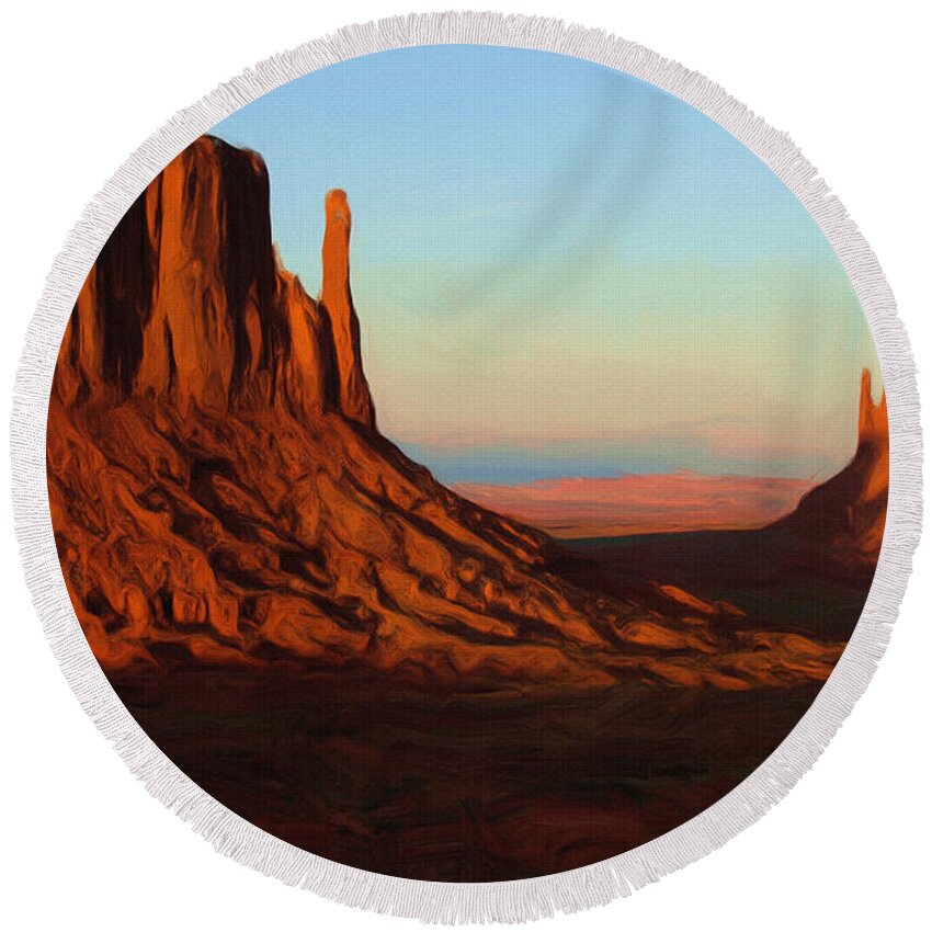 Monument Valley Round Beach Towel featuring the painting Monument Valley 2 by Inspirowl Design