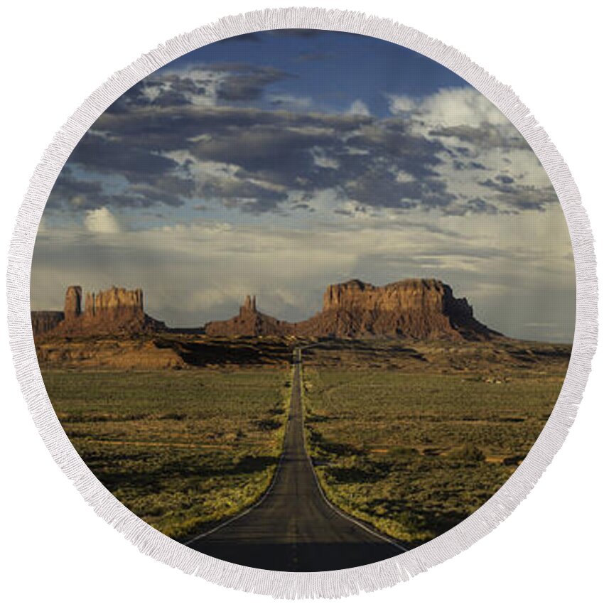 Monument Round Beach Towel featuring the photograph Monument Valley Panorama by Steve Gadomski