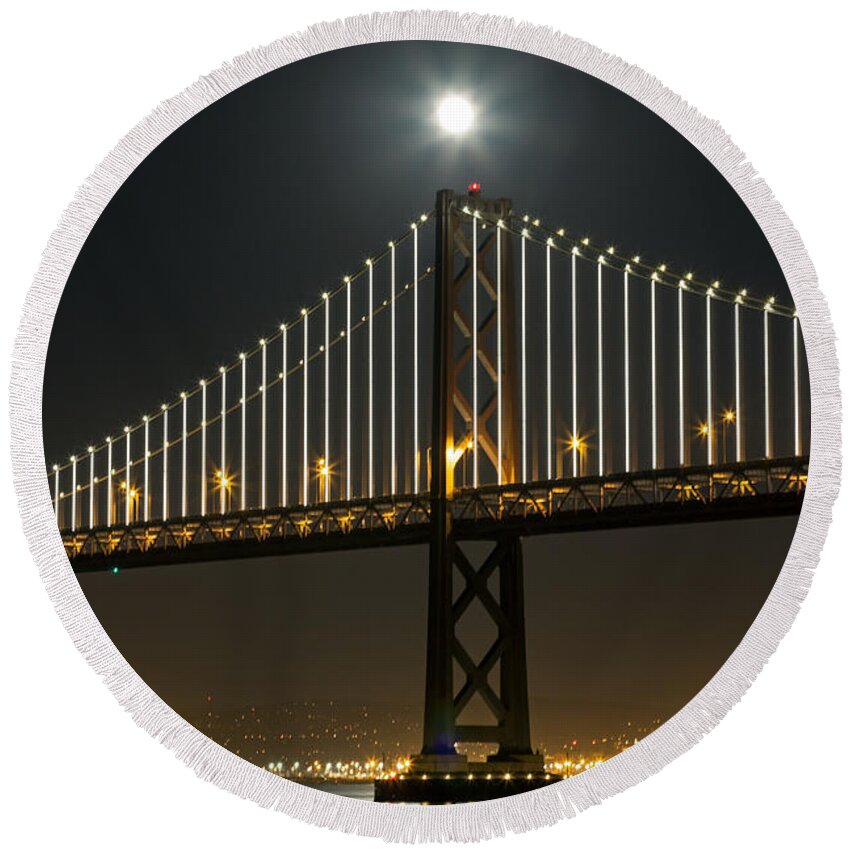 Bay Bridge Round Beach Towel featuring the photograph Moon Atop the Bridge by Kate Brown