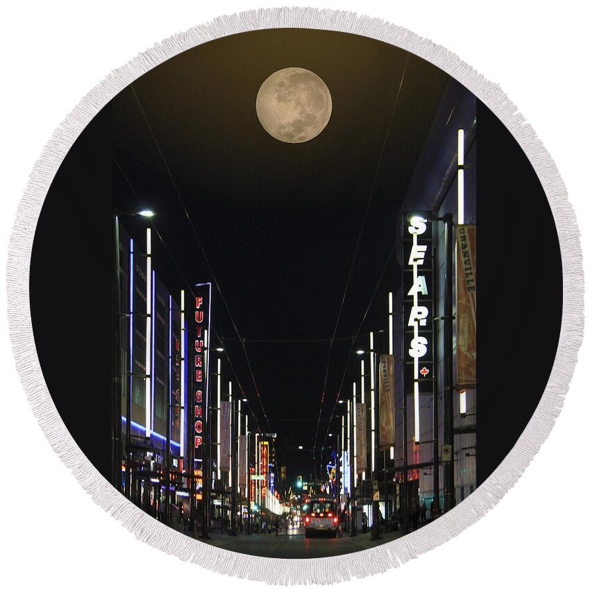 Night Life Round Beach Towel featuring the photograph Moon Over Granville Street by Ben and Raisa Gertsberg