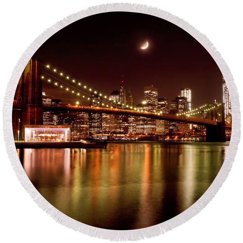 Amazing Brooklyn Bridge Photos Round Beach Towel featuring the photograph Moon Over the Brooklyn Bridge by Mitchell R Grosky