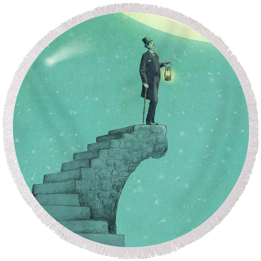 Moon Vintage Victorian Blue Green Stars Comet Top Hat Steps Staircase Astronomy Surreal Whimsical Dream Round Beach Towel featuring the drawing Moon Steps by Eric Fan