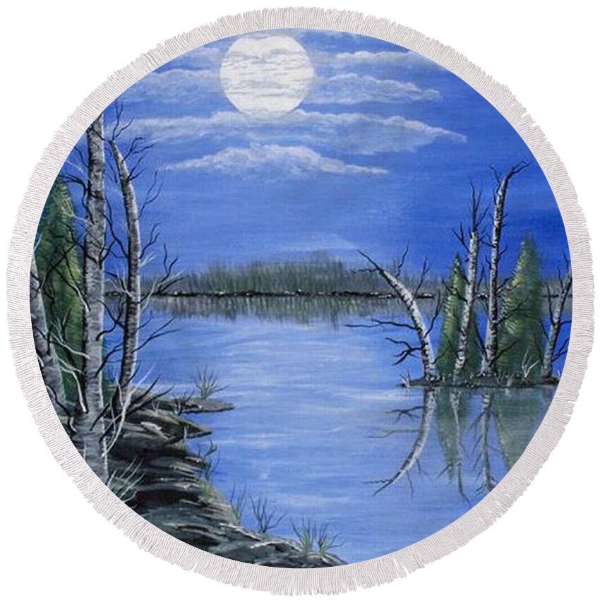Landscape Round Beach Towel featuring the painting Moonlight Mist by Brenda Brown
