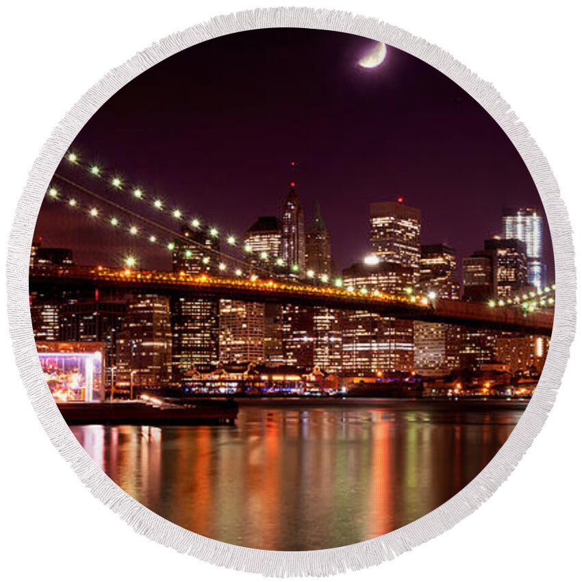 Amazing Brooklyn Bridge Photos Round Beach Towel featuring the photograph Moonlit NYC Panorama by Mitchell R Grosky