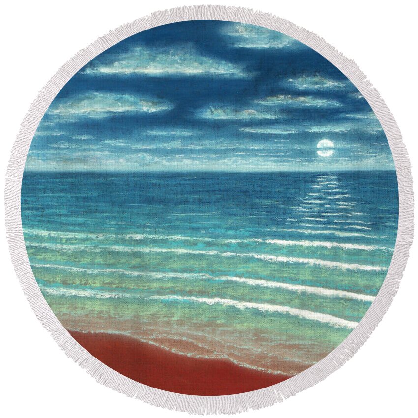 Moonset Round Beach Towel featuring the pastel Moonset C by Michael Heikkinen