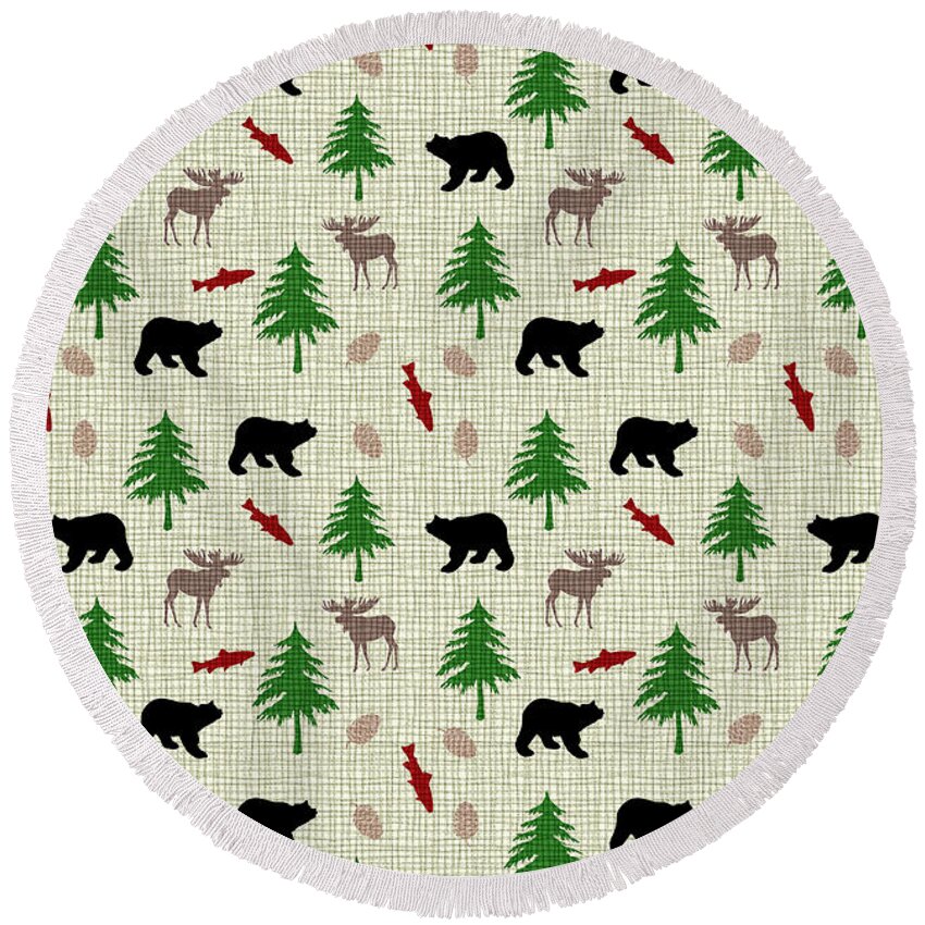 Moose Round Beach Towel featuring the mixed media Moose and Bear Pattern by Christina Rollo