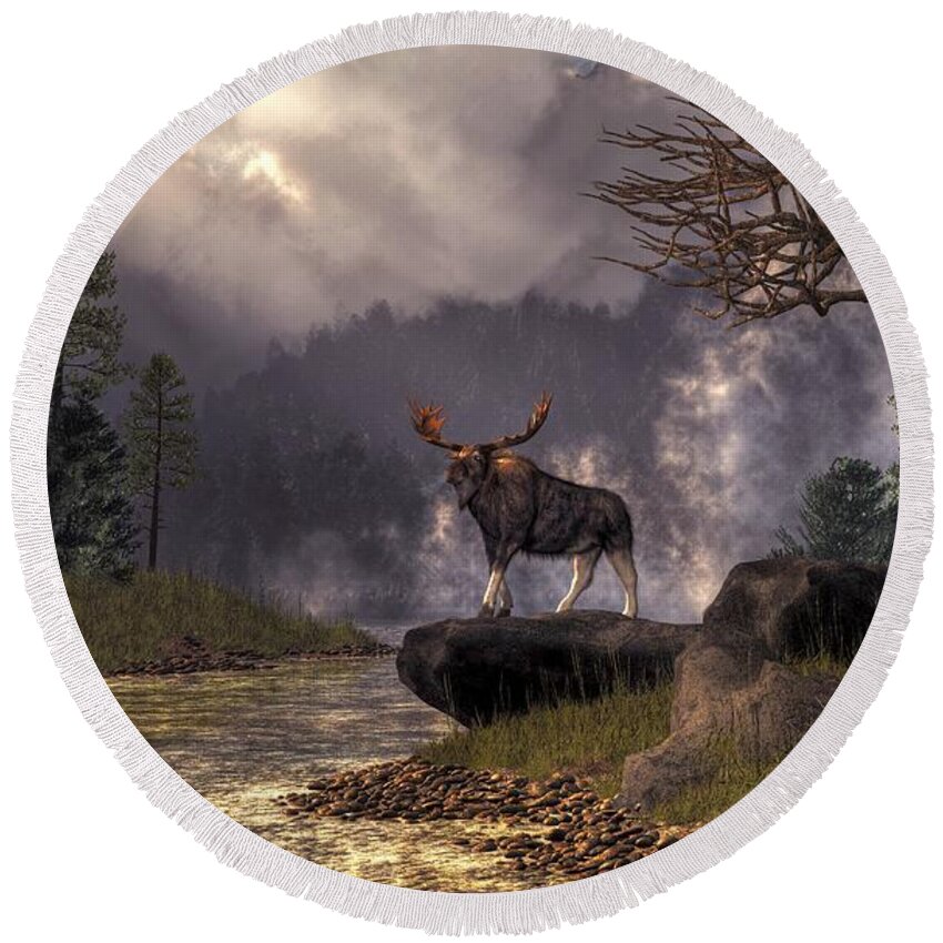 Moose In The Adirondacks Round Beach Towel featuring the digital art Moose in the Adirondacks by Daniel Eskridge