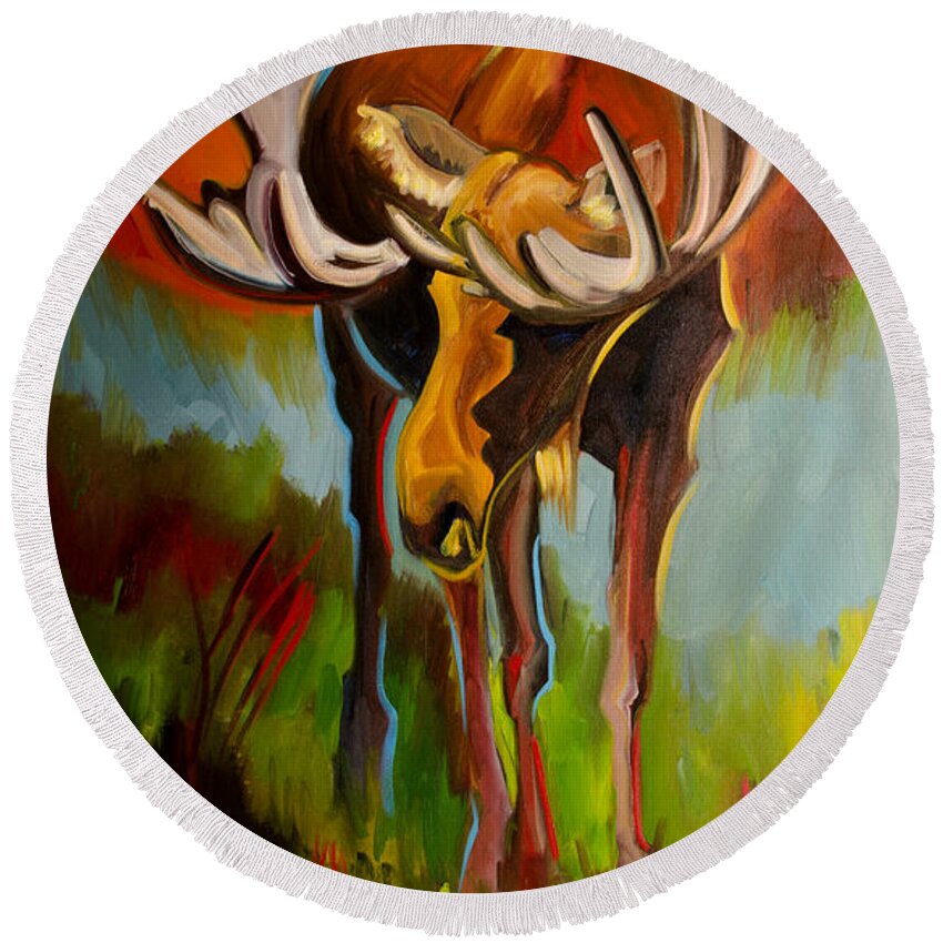 Moose Oil Painting By Diane Whitehead Fine Art Round Beach Towel featuring the painting Moose Pond by Diane Whitehead
