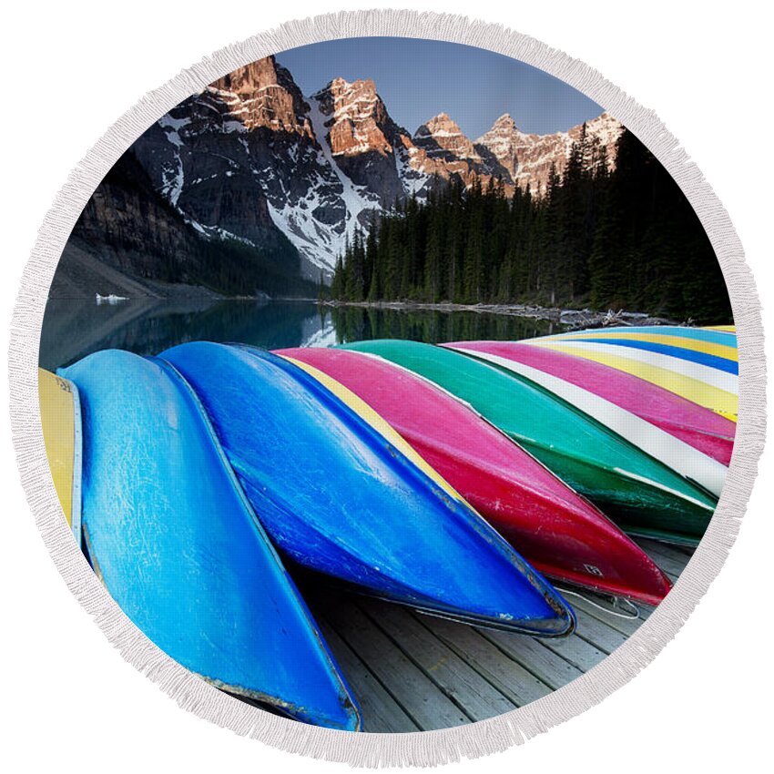 Photography Round Beach Towel featuring the photograph Moraine lake canoes by Ivy Ho
