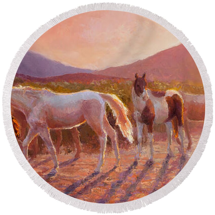 Arizona Art Round Beach Towel featuring the painting More Than Light Arizona Sunset and Wild Horses by K Whitworth