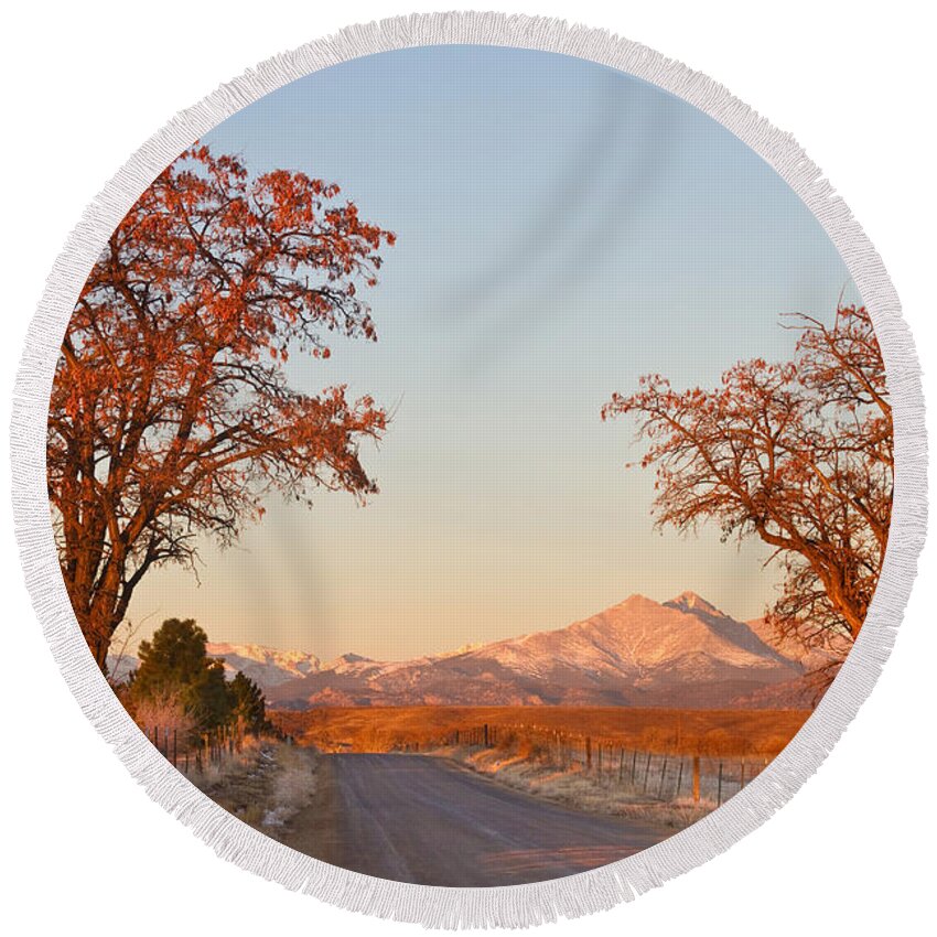 Colorado Round Beach Towel featuring the photograph Morning Country Drive Longs Peak View by James BO Insogna