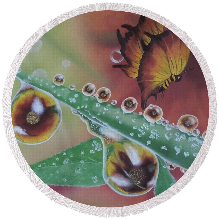 Bubbles Butterfly Wild Life Nature Flowers Plants Golds Insects Sunflowers Dewdrops Golds Reds Greens Macro Reflections Waterdrops Round Beach Towel featuring the painting Morning Dew by Dianna Lewis