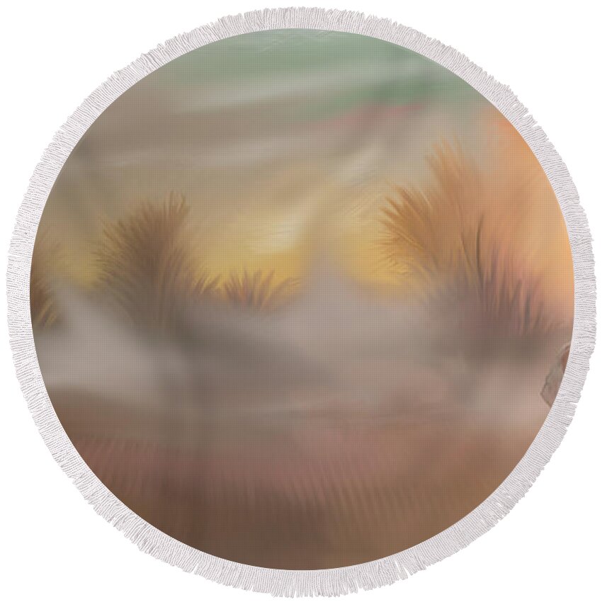 Morning Fog In The Fields With Lady Round Beach Towel featuring the painting Morning Fog in the Fields with Lady by Angela Stanton
