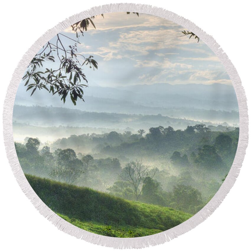 Landscape Round Beach Towel featuring the photograph Morning Mist by Heiko Koehrer-Wagner