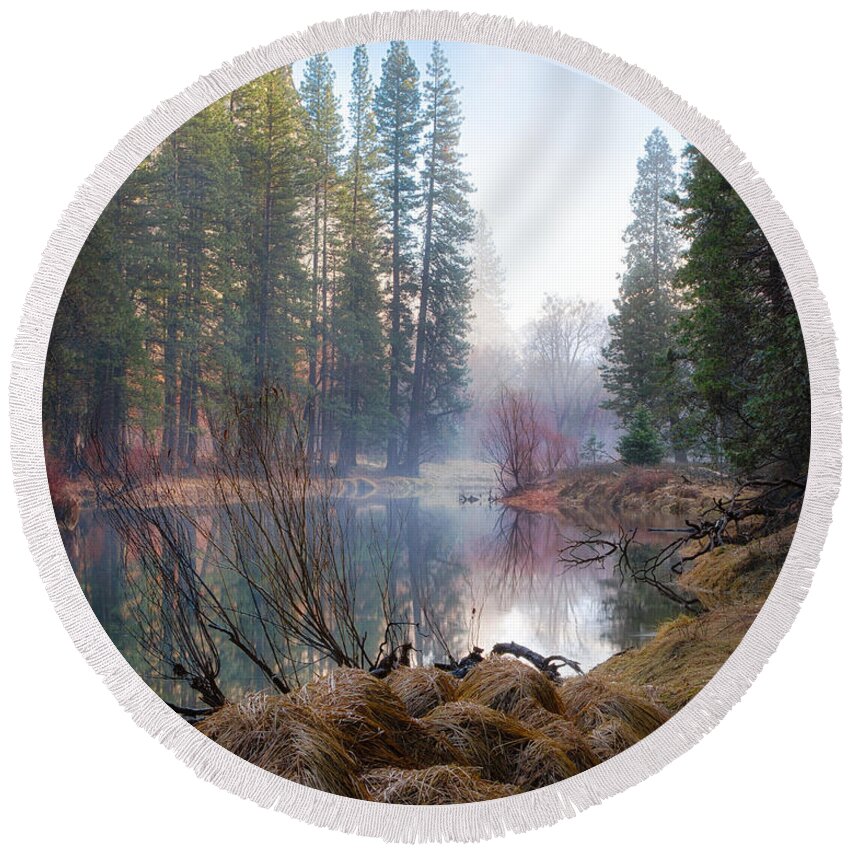 Yosemite Round Beach Towel featuring the photograph Morning On The Merced by Anthony Michael Bonafede