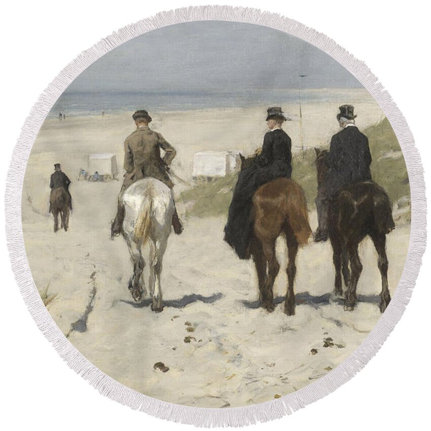 Anton Mauve Round Beach Towel featuring the painting Morning Ride Along the Beach by Anton Mauve