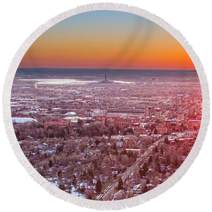 University Round Beach Towel featuring the photograph Morning Sunrise Over Boulder Colorado University Panorama by James BO Insogna