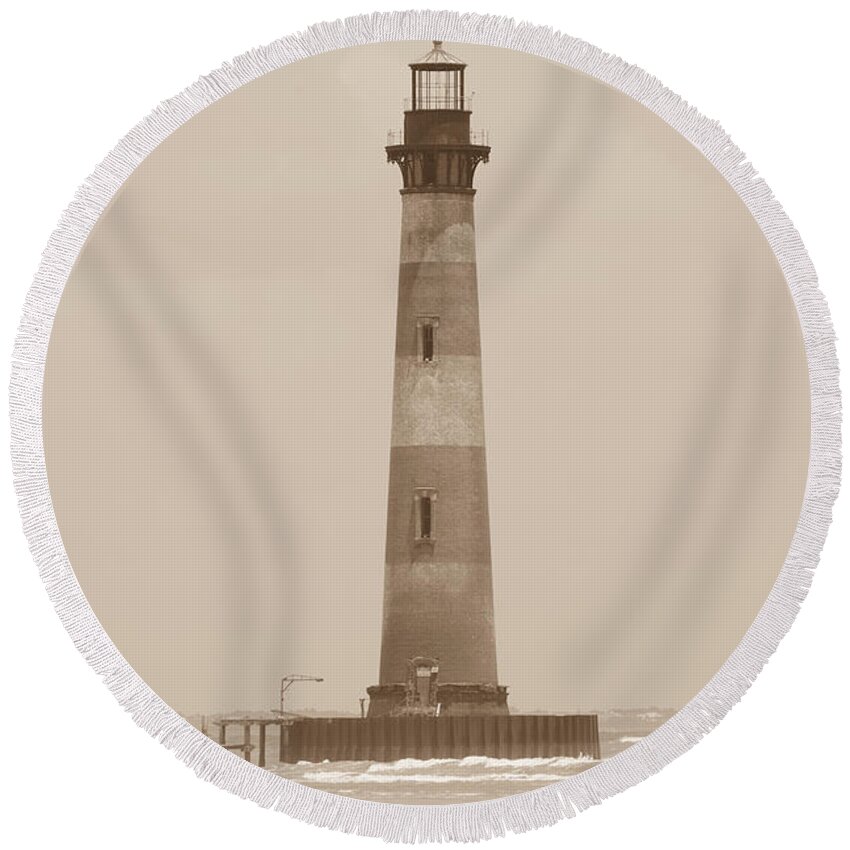Morris Island Lighthouse Round Beach Towel featuring the photograph Morris Island Lighthouse Sepia Tone by Dale Powell