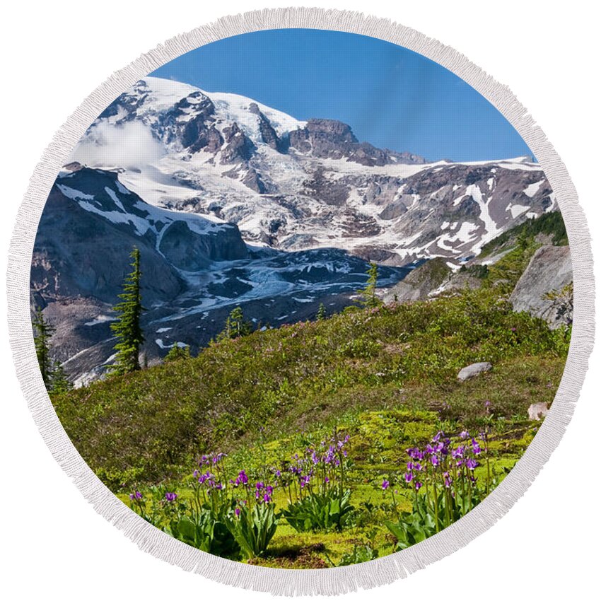 Alpine Round Beach Towel featuring the photograph Moss and Shooting Star on the Nisqually Moraine by Jeff Goulden