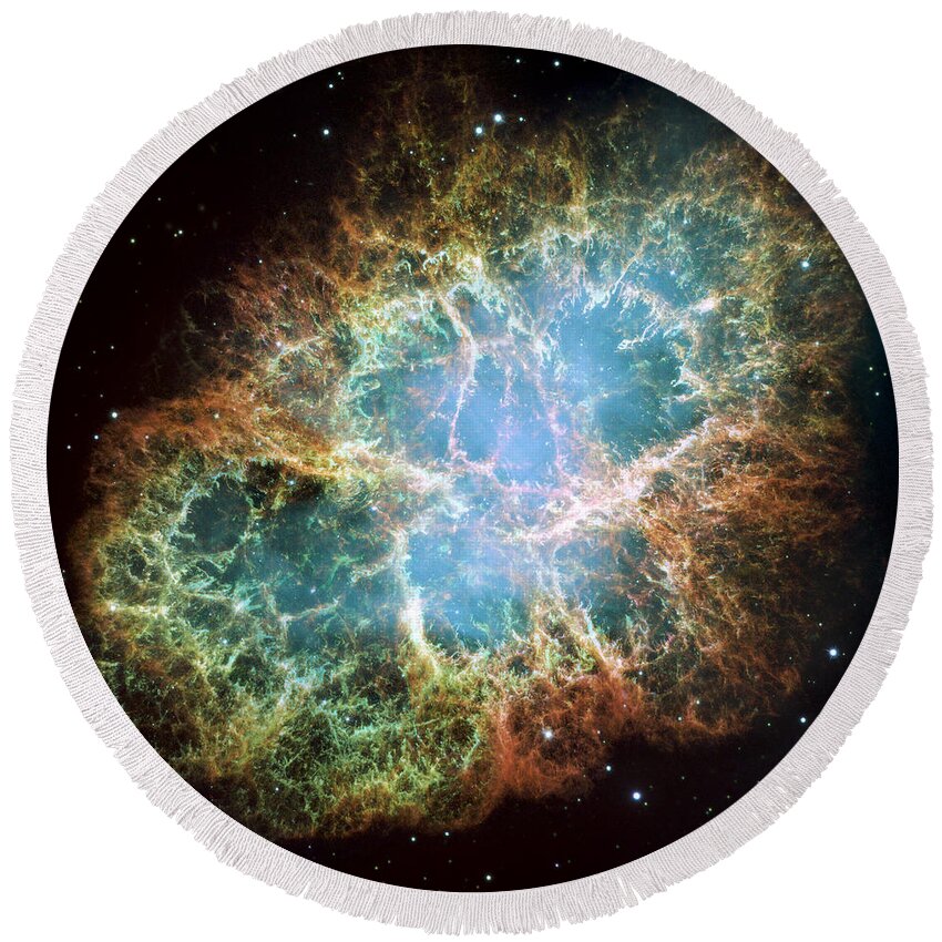 3scape Round Beach Towel featuring the photograph Most detailed image of the Crab Nebula by Adam Romanowicz