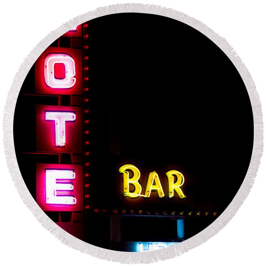 Neon Round Beach Towel featuring the photograph Motel Bar HBO No Vacancy by James BO Insogna