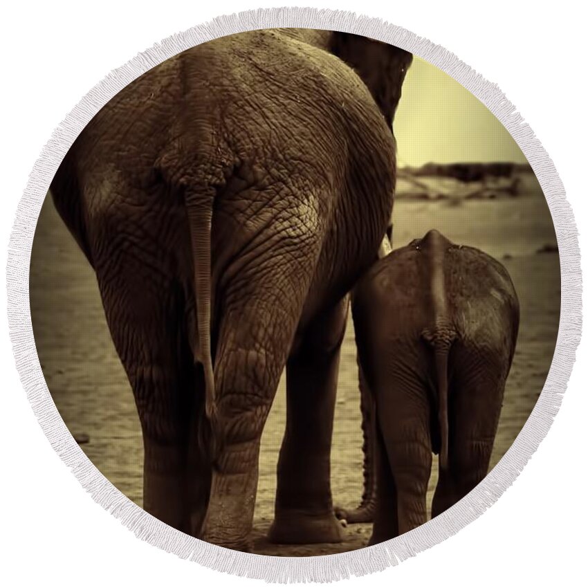 Mother And Baby Elephant Round Beach Towel featuring the photograph Mother And Baby Elephant In Black And White by Amanda Stadther